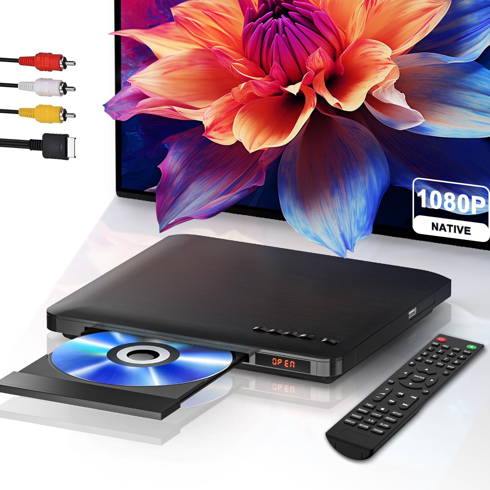 DVD player for TV with HDMI RCA output, All Region DVD-CD player with memory playback, HD 1080P upscaling, USBA input, integrated NTSC/PAL system, HDMI cinch cable and remote control included