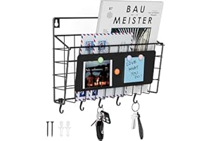 Baeymonkay Easy Assembly and Installation Iron Key Holder Wall Mount, Mail Organizer for Wall, Matte Black Finish, Extra Large Storage Space for Mail, Mail Holder Features 5 Hooks, Key Rack Hanger