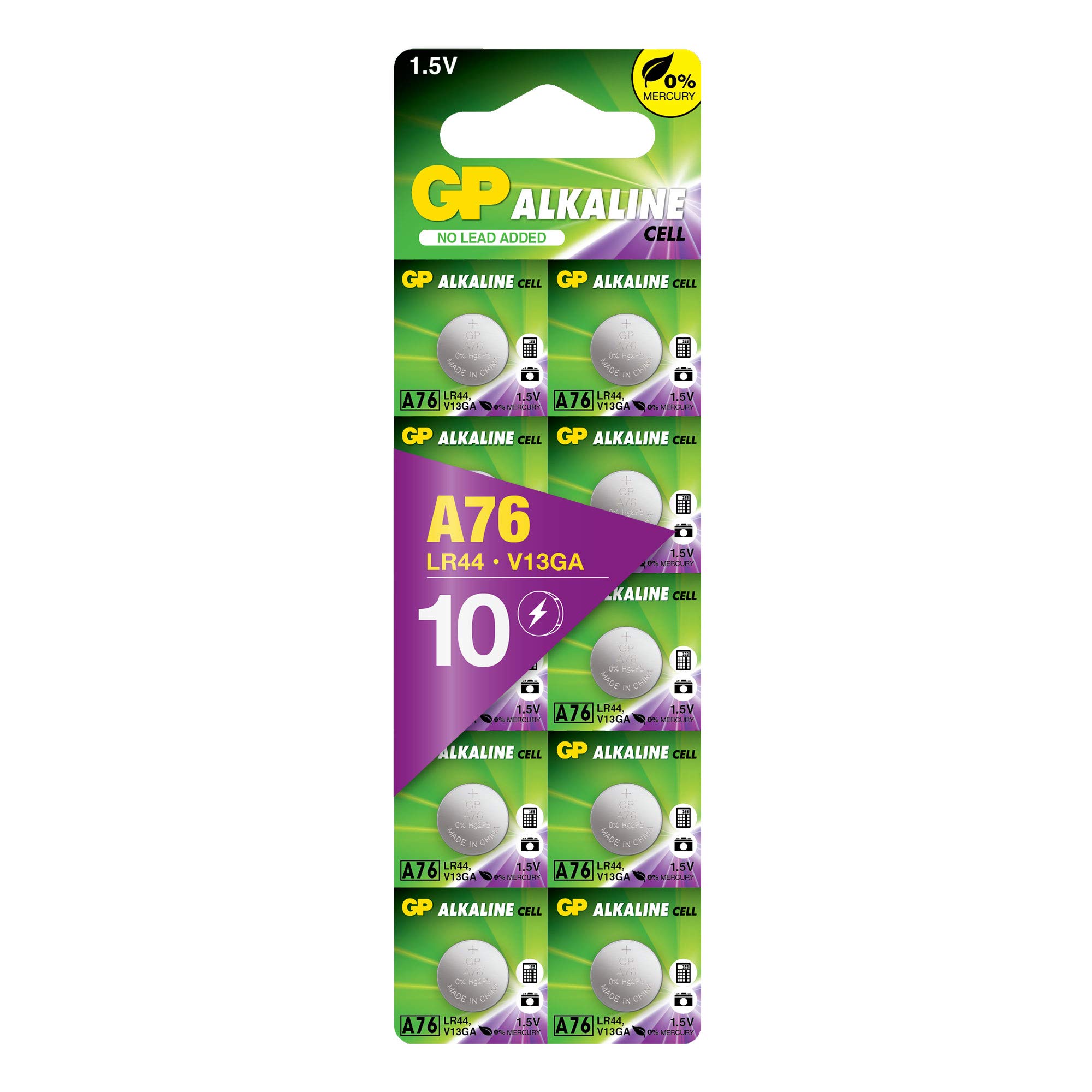 GP LR44 Button Cell Batteries, AG13, A76, 1.5V Alkaline Batteries for Watches, Toys, Calculators, Thermometers, Remotes & More, 10 Pack Leak proof Button Coin Cell with Long Lasting Power