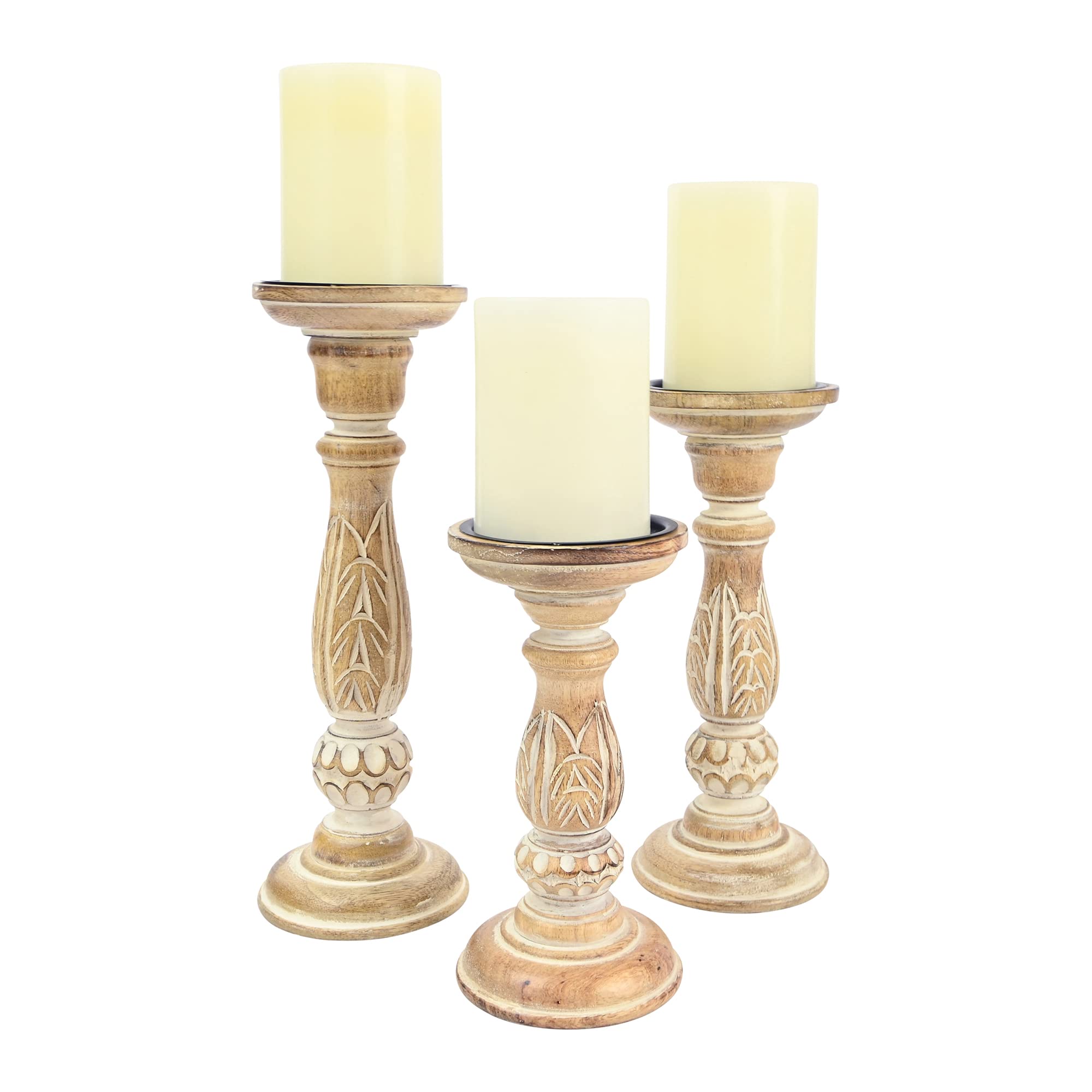 Boston Warehouse Natural Wood Pillar Candle Holder, 3 Piece Set, Distressed Whitewash