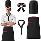 KaTiSeMo Hibachi Chef Hat and Apron Set,4-Piece Japanese Style Chef Costume | Japanese Headband And Tie Complete The Look For Bbq Grilling, Cooking Parties, Halloween Role Play And Chef-Themed Gifts