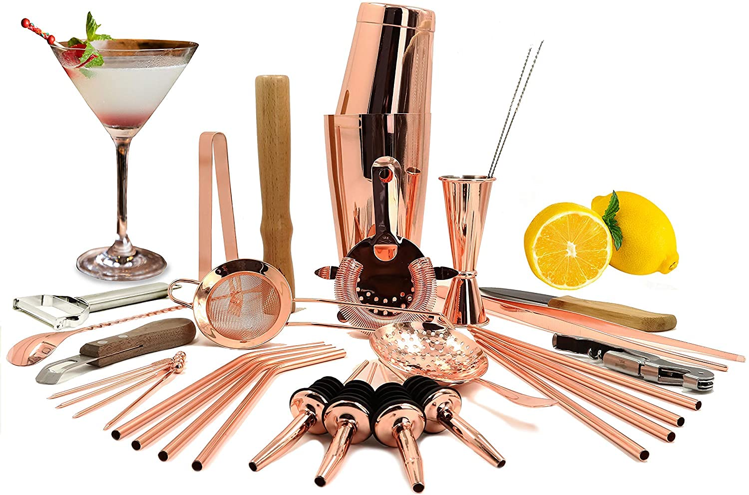 SKY FISH Cocktail Making Set, 32-Pieces Cocktail Shaker Set, Bartending Mixing Barware Set, All-In-One Bartender Kit for Home and Bar, (Rose Gold)