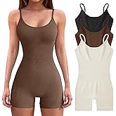 VINGOSTAR 3pcs Women’s Bodysuit Yoga Workout Romper One Piece Outfits Ribbed Sleeveless Going Out Bodycon Jumpsuit Shorts