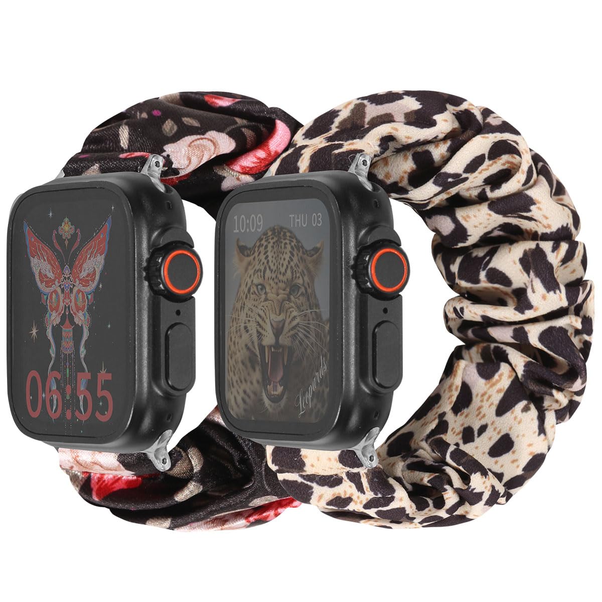 Meideli 2 Pack Compatible Scrunchie Watch Strap Apple iWatch 10 9 8 7 6 5 4 SE,Pattern Printed Fabric Wristband Scrunchie Elastic Strap for Apple Scrunchie Watch Strap 44mm 45mm 46mm