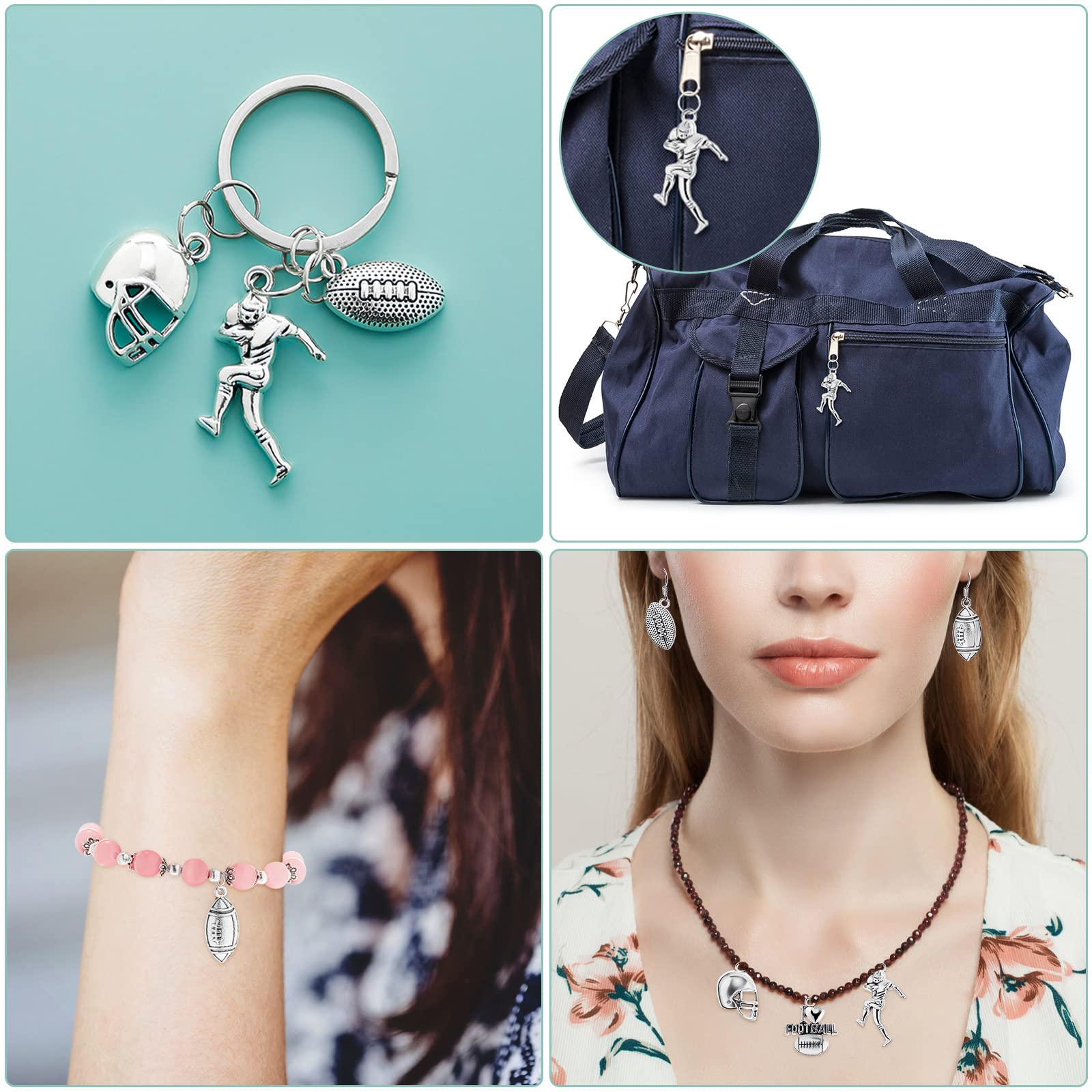 Blulu Football Charms Mixed Silver Football Player's Bat Beads Pendants Necklace Crafting Sport Charms Jewelry Making Findings Accessory DIY Necklace Bracelet