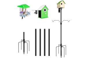 YINGYM Bird Feeder Pole, 79 Inch Heavy Duty Bird House Pole Mount Kit for Outdoors, Adjustable Metal Bird Feeding Stand, with 2-Hooks, 5-Prong Base for Hanging Feeders, Black