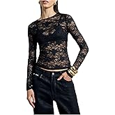 SHENHE Women's Floral Lace Top Y2k Sheer Long Sleeve Slim Fit Sexy Going Out Party Club Shirt
