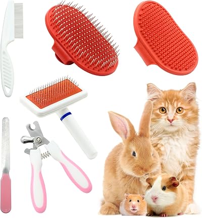 Crafterlife 6pcs Rabbit Grooming Kit Red with Brushes Nail Clipper