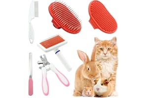 CRAFTERLIFE Cat Grooming Kit Set with Pet Shedding Slicker Brush Nail Clipper Trimmer Pet Massage Bath Glove Flea Comb for Bunny Puppy Kitten Guinea Pig Chinchilla Ferret Small Animals (Red, Pink)