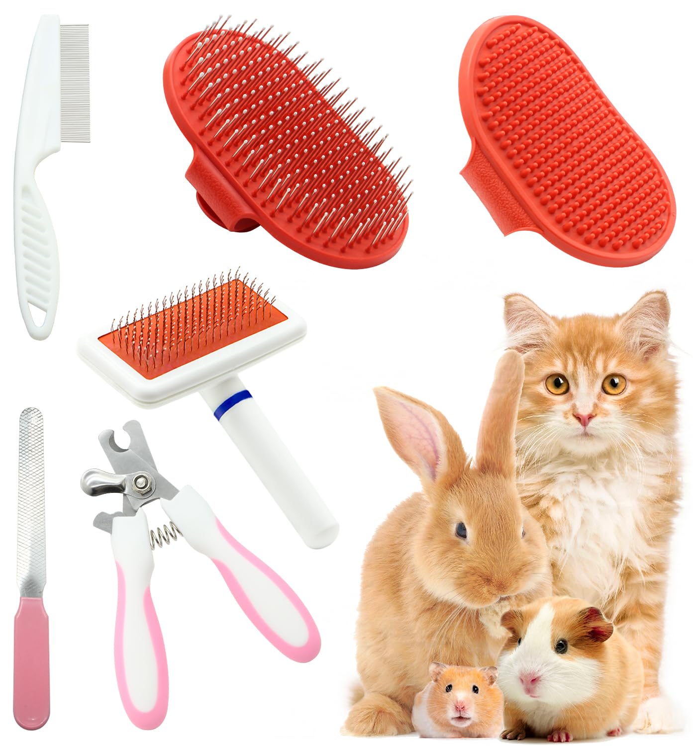 Crafterlife 6pcs Rabbit Bunny Grooming Kit with Brushes for Shedding, Pet Shedding Comb, Pet Nail Clipper, Grooming Slicker Brush, Glove Needle Massage Grooming Comb for Hamster, Guinea Pig (Red)