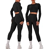 OLCHEE Womens Workout Sets 2 Piece Seamless Long Sleeve Crew Neck Crop Top Shirts Scrunch Butt Leggings Gym Yoga Outfits