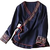 Women Floral Embroidered Cotton Linen Retro Chinese Frog Button Blouses Qipao Shirts Long Sleeve Side Slit Tops