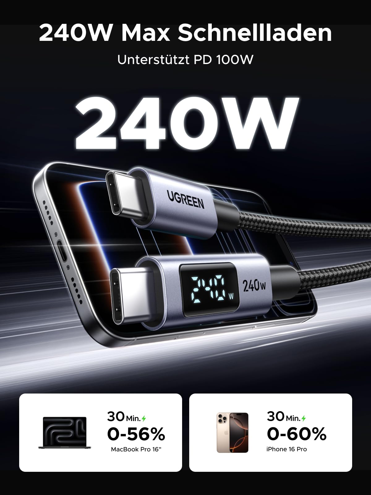 UGREEN 240W USB-C auf USB-C Kabel mit Digital Display, PD3.1 Schnellladekabel mit 480 Mbps Datenübertragung und E-Marker Chip für iPhone17/ 16/15/14/13,Galaxy S25/S24, MacBook, iPad Pro（1M） 2