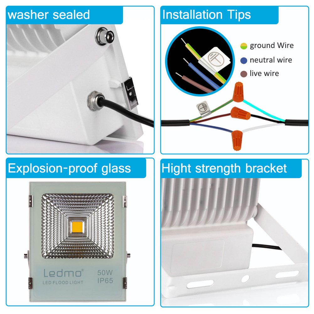 LEDMO 50W LED Flood Lights Version 3.0 250W Halogen Equivalent, IP65 Waterproof for Outdoor 4000LM 3000K Warm White Wide Lighting Area Flood Light for Garage, Garden