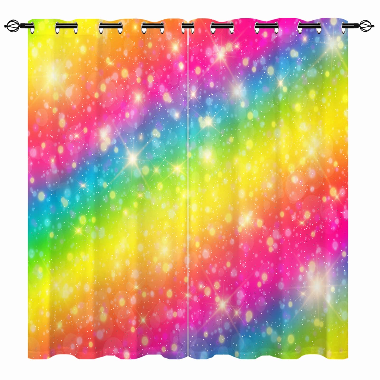 YUANZU Rainbow Striped Curtains, Galaxy Glitter Star Space Fantasy Pastel Clouds with Blackout 3D Printed Curtain, Thermal Insulated Eyelet Window Drapes for Girls Bedroom, 2 Panels W75cm x D166cm — image 1