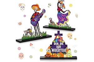 Yerliker 3 Pcs Day of The Dead Table Decorations Mexican Dia De Los Muertos Altar Centerpiece Halloween Sugar Skull Table Topper Wooden Day of The Dead Centerpiece for Halloween Mexican Party Decor
