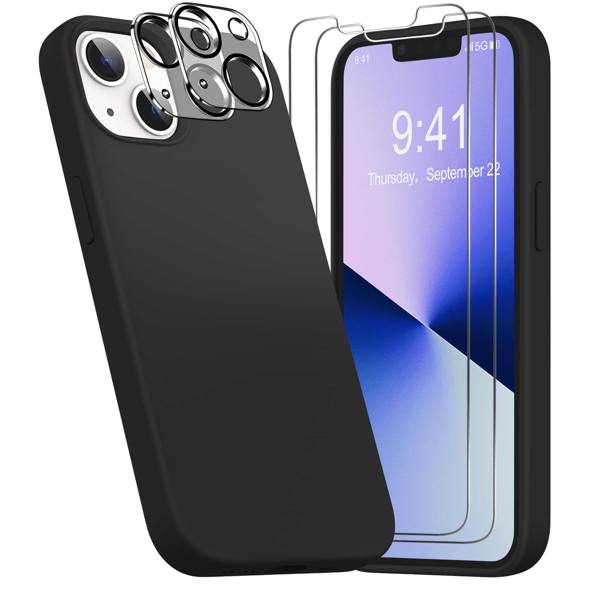 Photo 1 of YATWIN [5 in 1 Designed for iPhone 13 Case with 2X Screen Protector + 2X Camera Lens Protector, Liquid Silicone Slim Soft Rubber Shockproof Phone Case Cover for iPhone 13 (6.1") - Black