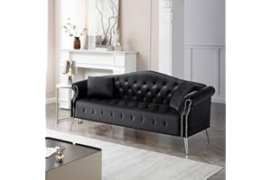 Homtique Velvet Sofa for Living Room, Mid Century Modern Sofa Upholstered Button Tufted Rolled Arms and Metal Legs, 78.7" Sofa Couch with 2 Pillows for Bedroom, Apartment, Office (Black)