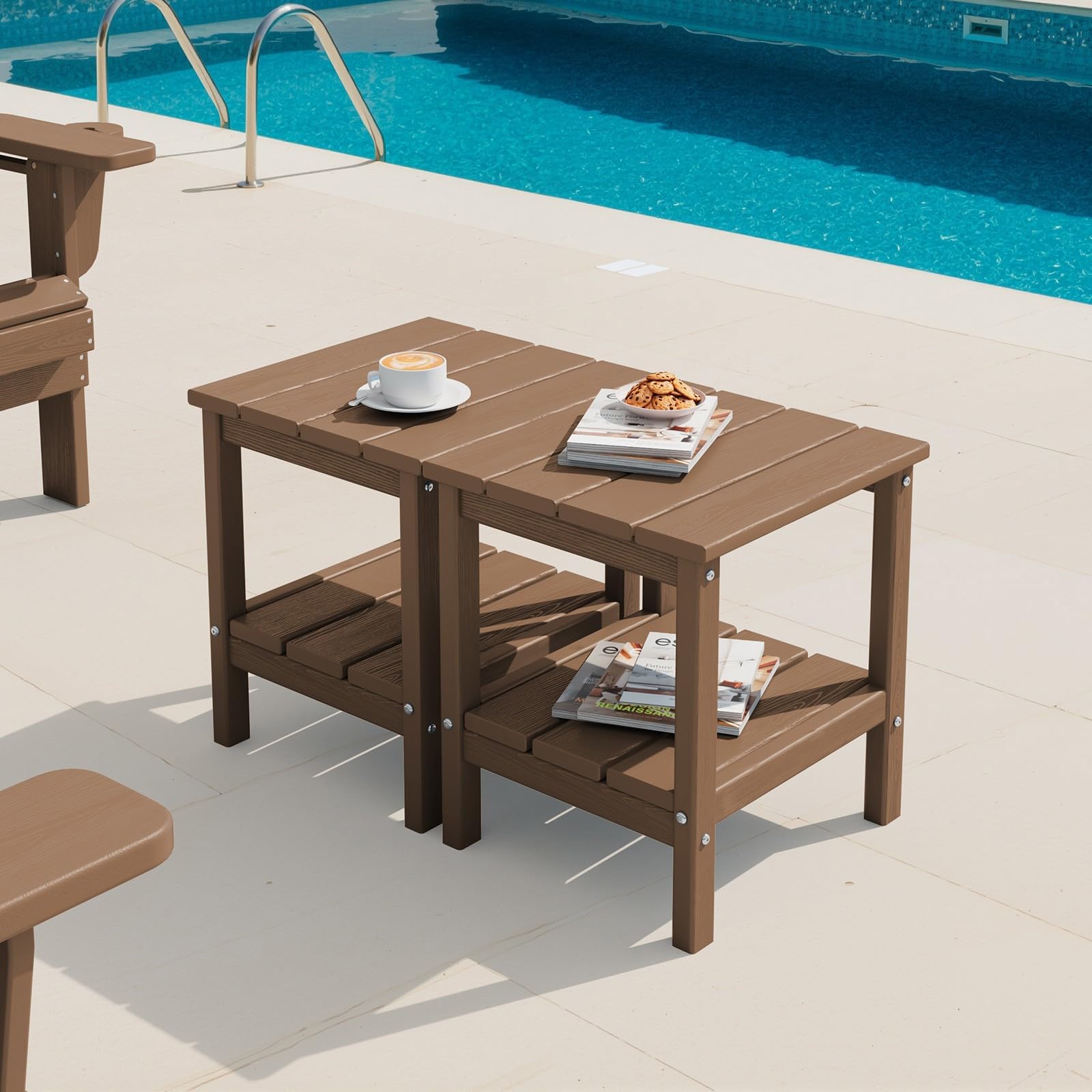 SERWALL 2-Tier HDPE Outdoor Side Tables Set of 2, Weatherproof Rectangular Adirondack Side Table, Brown Image