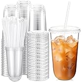 Ziliny 100 Sets Clear Plastic Cups with Lids and Straws, Disposable Iced Coffee Cups for Drinking, Cold Drinks, Juice, Smoothie, Pet Cup for Coffee Shops, Party, Christmas (18 oz)
