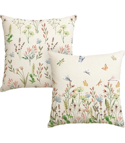 AEIOAE Rustic Daisy Pillow Covers 20x20 Inch Set Of 2 - Teal Dragonfly Floral Farmhouse Decorative Throw Pillows For Couch