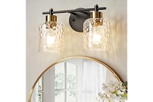 Black and Gold Bathroom Light Fixtures, Farmhouse Bathroom Lighting Fixtures Over Mirror with Hammered Glass, Rustic 13.7" 2 