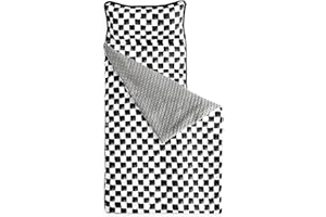 Wake In Cloud - Toddler Nap Mat with Pillow and Minky Fleece Blanket, for Kids Boys Girls in Daycare Preschool Kindergarten, Roll Up Sleeping Bag, Gingham Grid Checkered, Black White, Standard