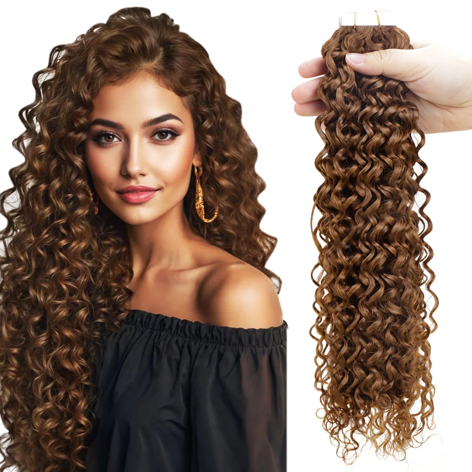RUNATURE Curly Tape in Hair Extensions Human Hair Brown Tape Hair Extensions Human Hair Remy Curly Tape Hair 16 Inch 50 Gram #4 — image 1