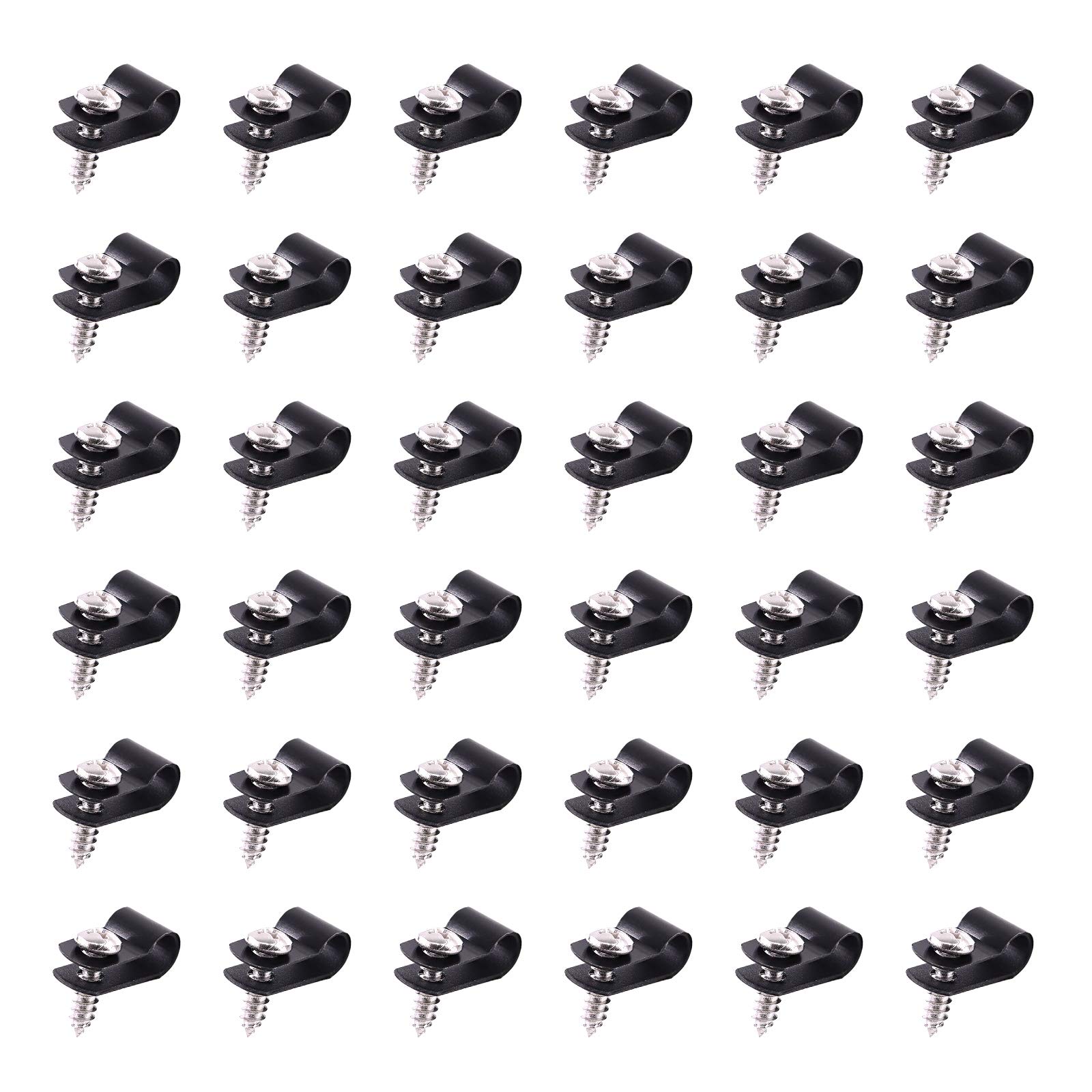 Swpeet 60 Pack Black 1/4 Inch Nylon Plastic R-Type Cable Clips Clamp Kit, Nylon Screw Mounting Cord Fastener Clips with 60 Pack Screws for Wire Management