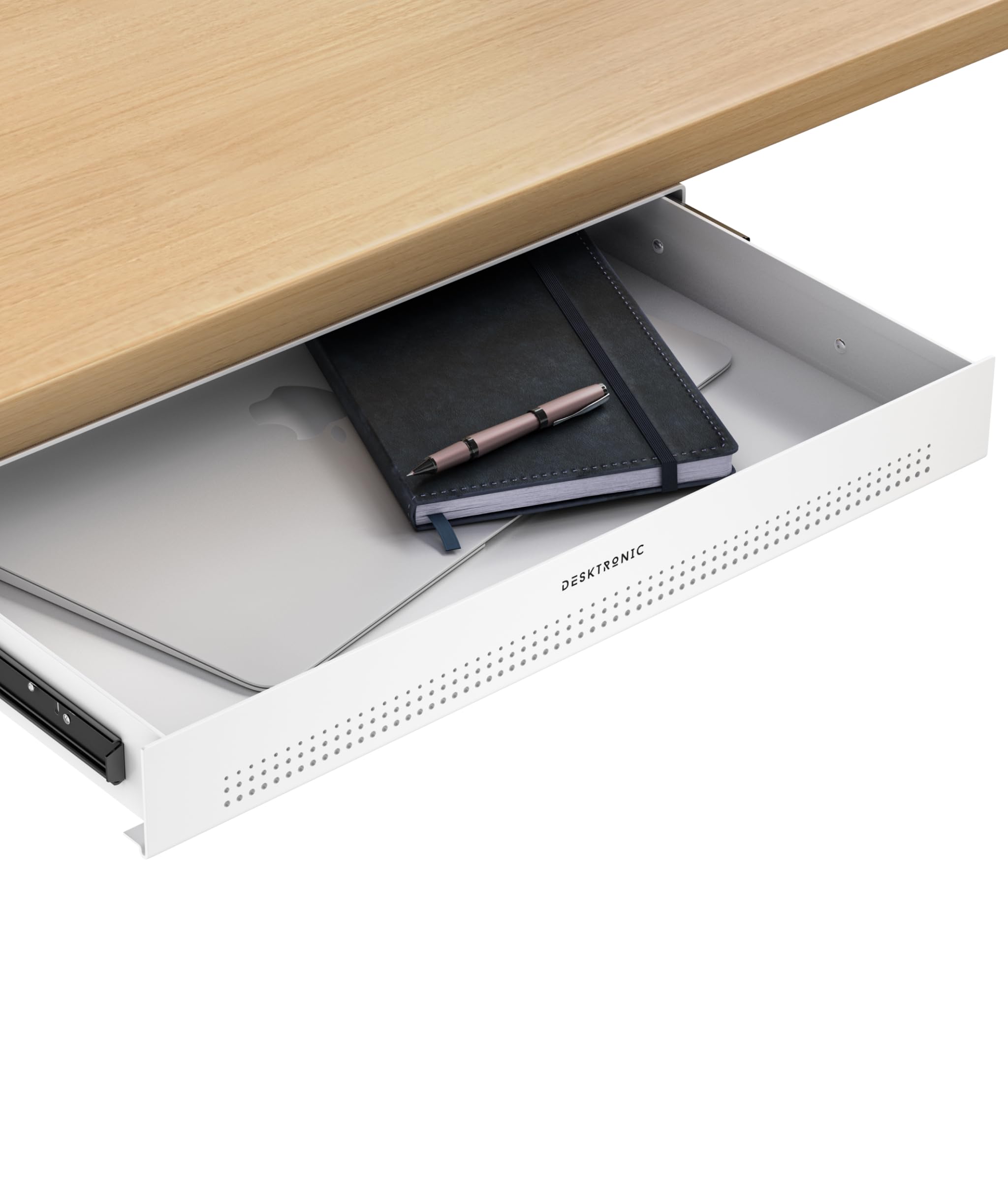Desktronic Desk Drawer, Hidden Desk Organizer, Under-Desk Storage Drawer, Easy Installation, Space-Saving, Large Capacity, Metal, for Office and Vanity Desk, Durable Construction (White)