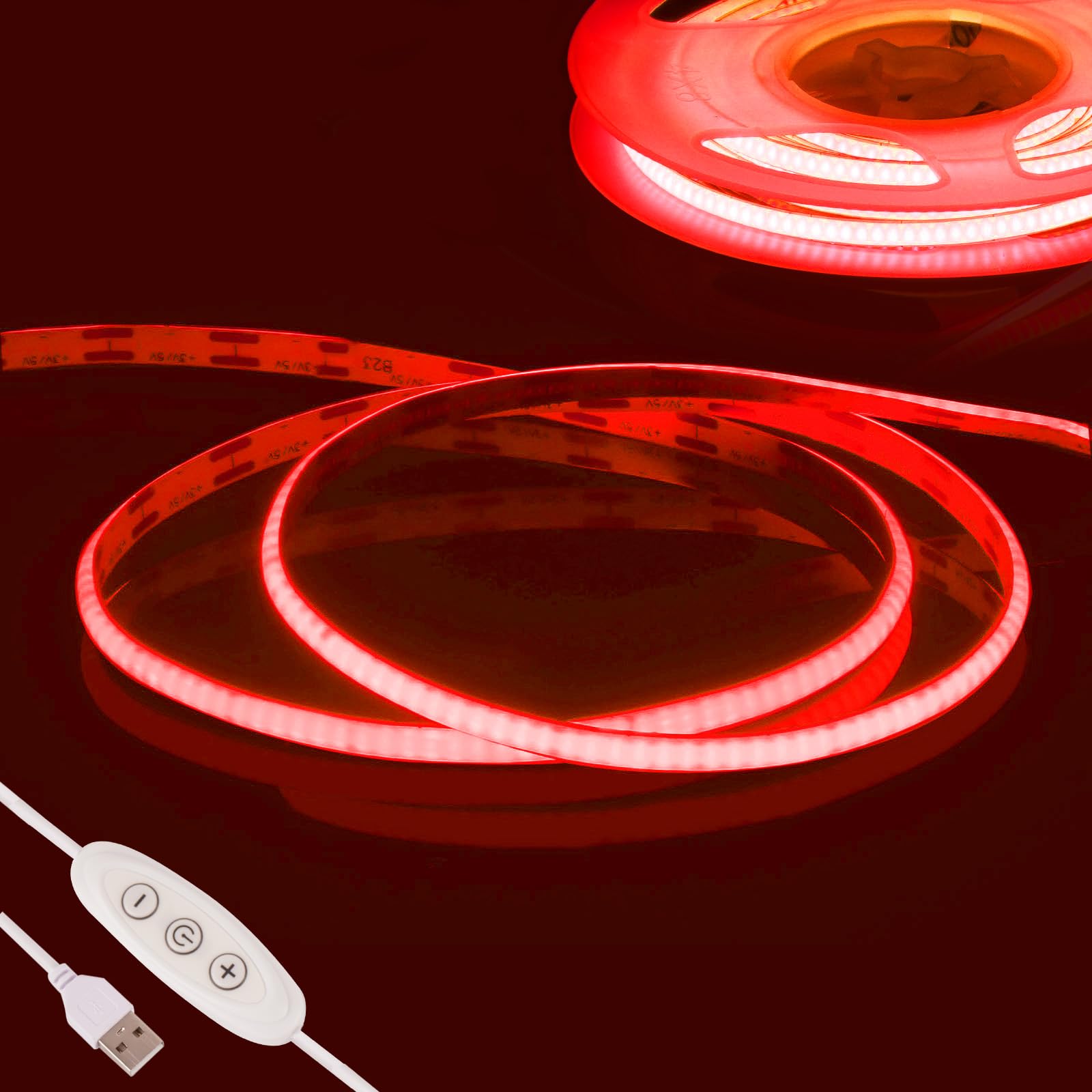 Fosingut Red COB LED Strip Light 2m,5V USB LED Lights TV Backlight,CRI90+ 960 LEDs Flexible Under Cabinet Kitchen Light,4mm Dimmable COB LED Tape Light for PC,Mirror,Wardrobe,Bedroom,Home DIY Lighting