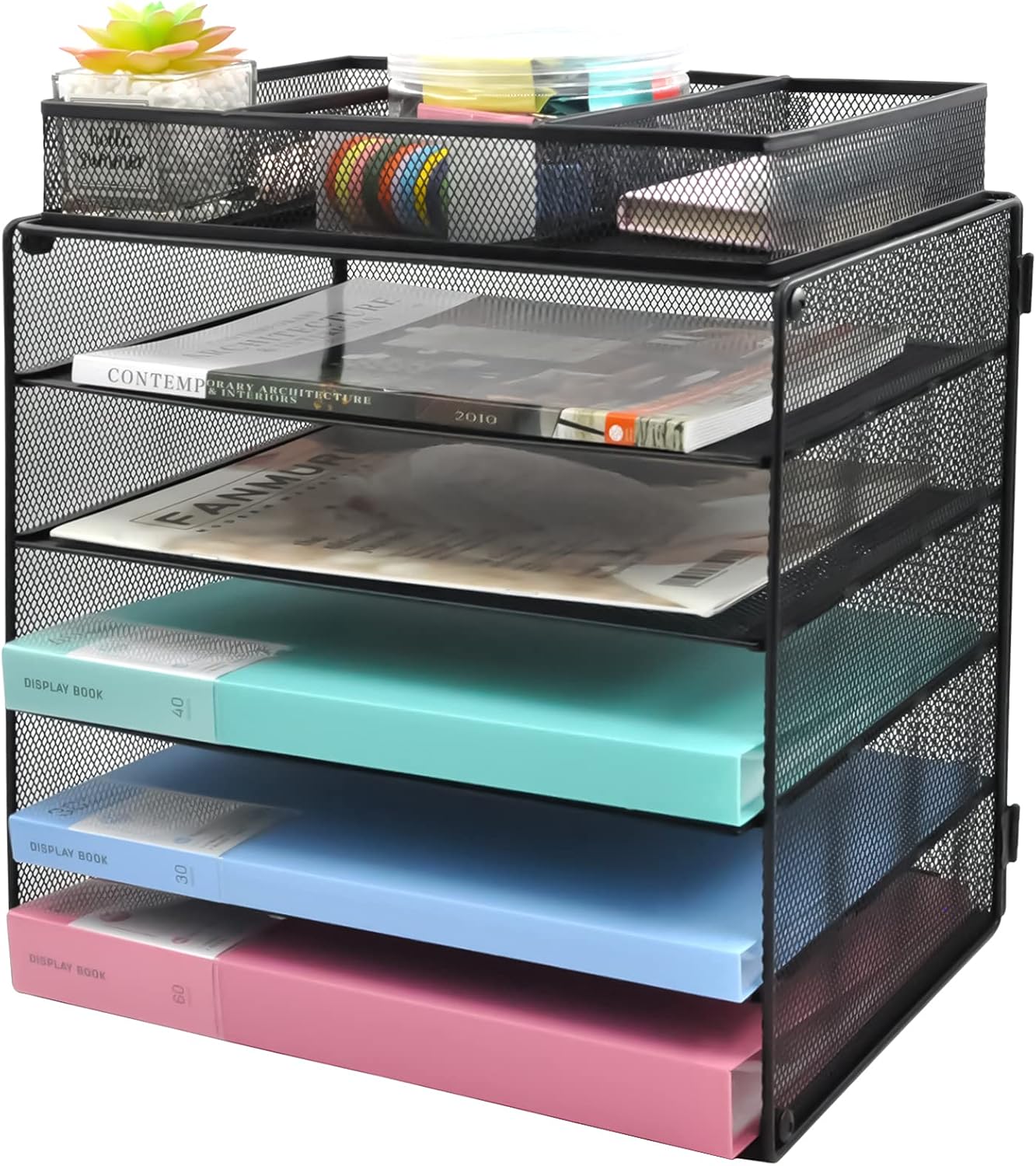 COSYAWN Paper Letter Tray Organizer, 5 Tier Mesh File Tray Desktop Paper Sorter with 1 Extra File Sorter, Black: Kitchen & Dining