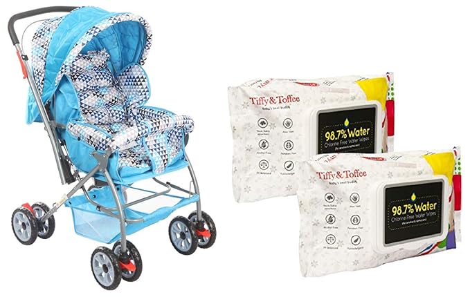 Tiffy & Toffee Baby Stroller Pram Maxtrem (Sky Blue) and Tiffy & Toffee Baby Wet Wipes with lid, 80 Count (Pack of 2)