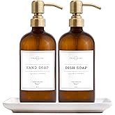 Vine Creations Amber Glass Soap Dispenser, 2 Pack Kitchen Soap Dispenser Set with Ceramic Tray, Stainless Steel Pump, Dish Soap and Hand Soap Dispensers for Bathroom Decor with Waterproof Labels