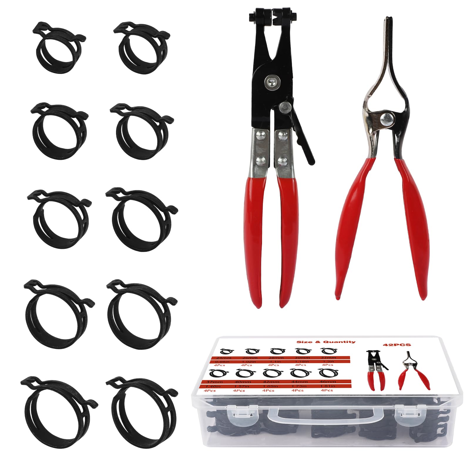 Photo 1 of 24-46mm Spring Hose Clamps, With Rotating Flat Hose Clamp Pliers and Hose Removal Pliers Combination set - 10 Large Sizes of Fuel Line Clamps, Made of Chrome Vanadium Steel.