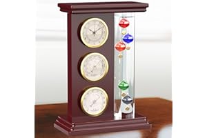 JJ HOME GOODS JJ Care Galileo Thermometer with Quartz Clock (Gold), Analog Barometer & Hygrometer, Galileo Weather Station Measures Temperature, Glass Wood Frame Galileo Thermometer for Indoor & Outdoor Home Décor