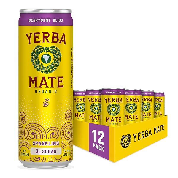 GUAYAKÍ YERBA MATE, ORGANIC SPARKLING ENERGY DRINK ALTERNATIVE, BERRYMINT BLISS, LOW SUGAR, 80MG NATURAL CAFFEINE, SMOOTH ENERGY & FOCUS, CARBONATED, 12 OZ (PACK OF 12) (PACKAGING MAY VARY)