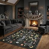 GarveeHome 5x7 Cat Area Rug Black Washable Rugs for Living Room Bedroom, Soft Mushroom Floral Low Pile Non Slip Floor Mat Animal Print Throw Rug Indoor Carpet for Dorm Playroom Gothic Decor