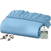 Royale Linens 100% Organic Cotton Fitted Sheet - Percale Weave - Super Soft Deep Pocket Bottom Sheets - Lake Blue Elastic Sheet Queen Size - Queen Fitted Sheets Only - (60"x80"+15", Lake Blue)