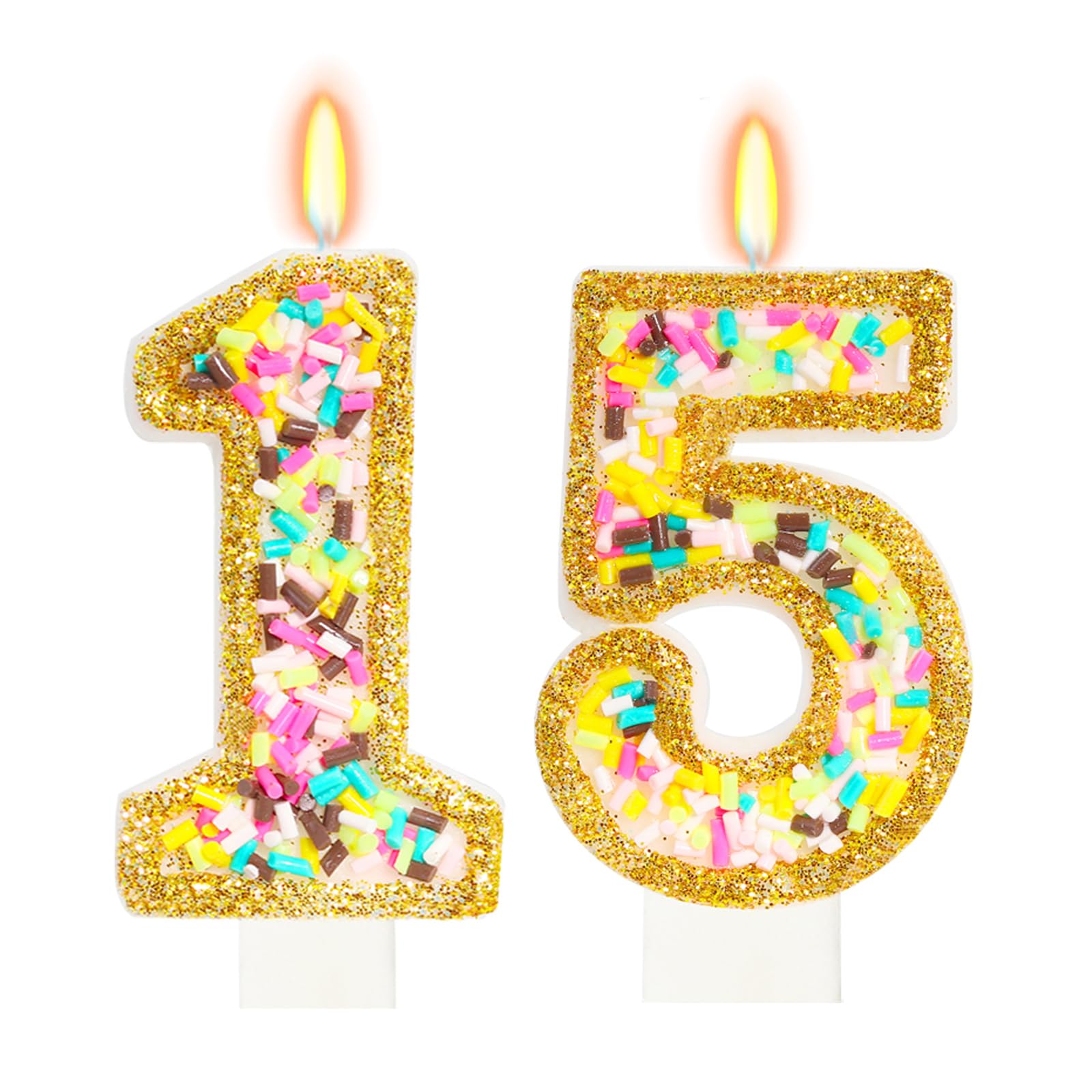 ElekFX Birthday Candles for Cake with Sprinkles, Sweet Birthday Party Decorations Rainbow Birthday Party Supplies, 2.76 inch Cake Topper Decorations Golden Edge (Number 15)
