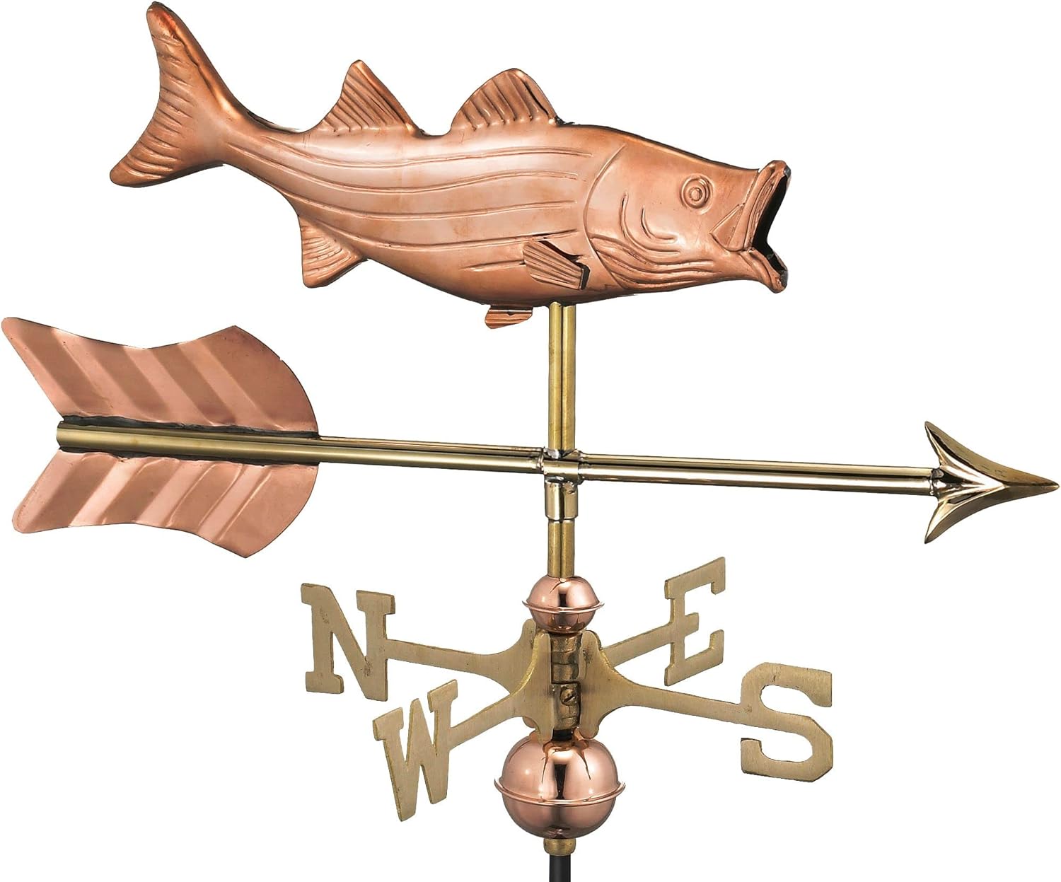 Weathervanes - Good Directions Bass with Arrow Cottage Weathervane - Pure Copper with Roof Mount