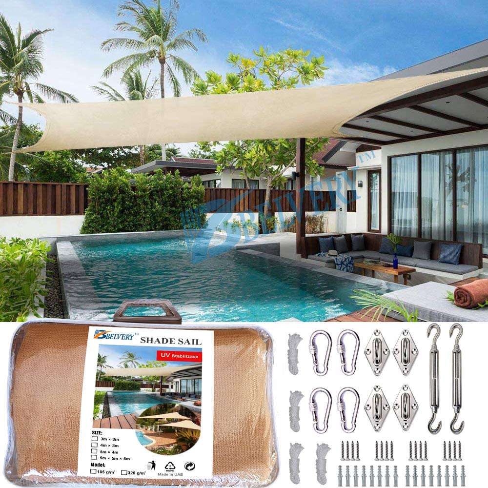 Belvery Sun Shade Sail Arc Rectangle Shade Net 3m×3m With Fixing Pole Rope Hooks Accessory Hardware Set Outdoor UV Blockage Commercial and Residential Sand Color