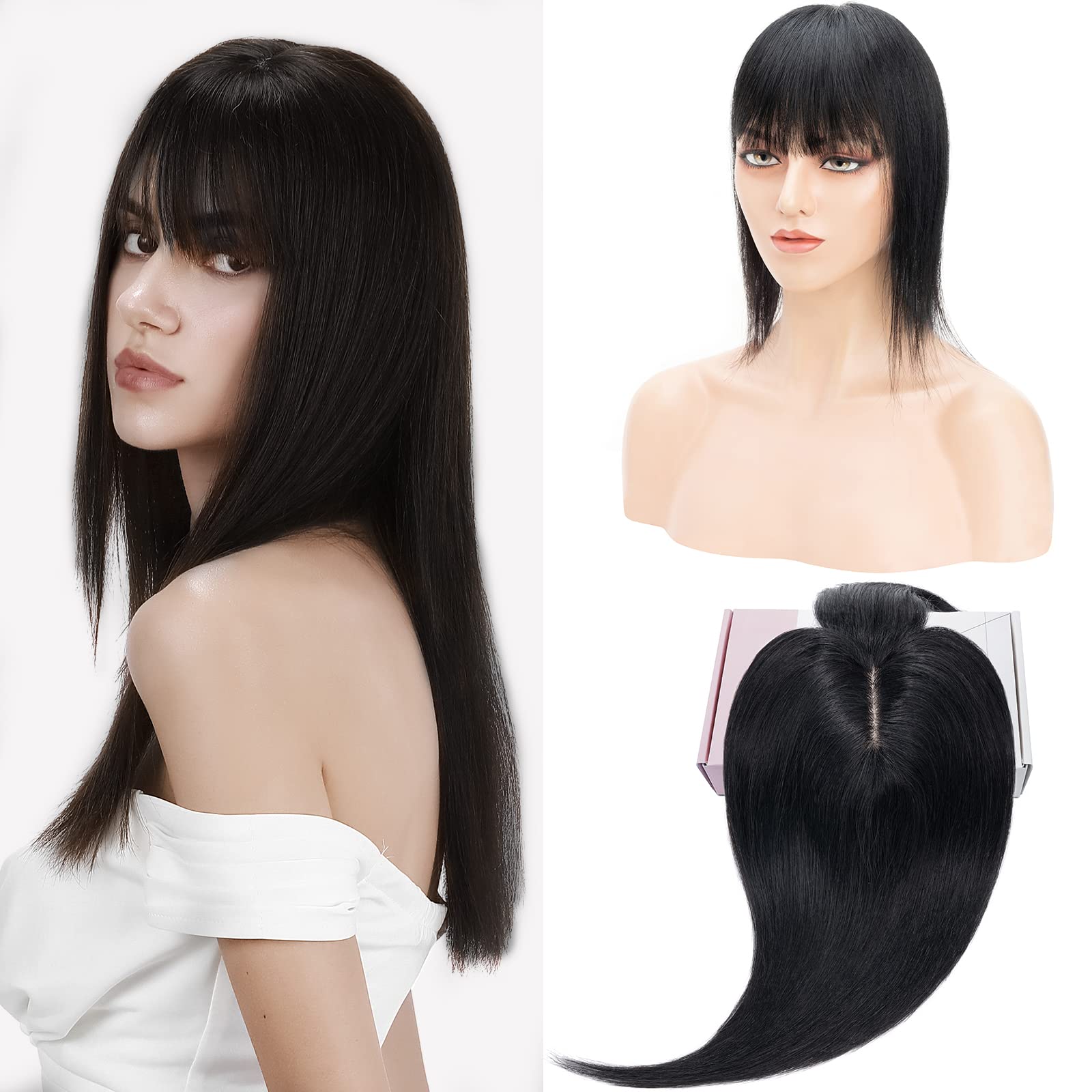 S-noilite Hair Toppers with Fringe Human Hair for Thinning Hair Women Real Hair Topper Hair Piece Clip In Hair Extensions 100% Remy Real Human Hair 48g(#1 Jet Black, 16 Inch) — image 1