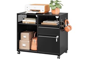 LISSIMO Lateral File Cabinet,2 Drawer Filing Cabinet with Lock fits A4 or Letter Size for Home Office,Mobile Printer Stand with Open Storage Shelf and Charger Hole(Black)