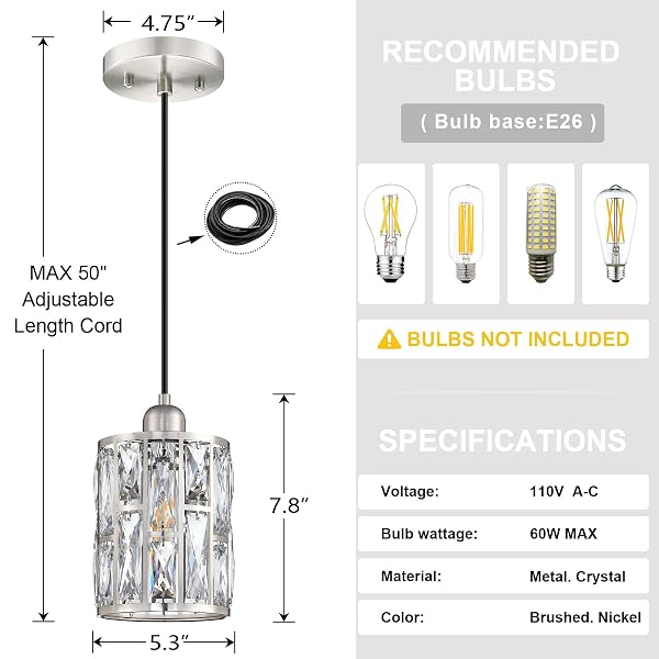 2 PACK 1 LIGHT 5.3″ CRYSTAL HANGING KITCHEN ISLAND PENDANT LIGHT BRUSHED NICKEL FINISH,CONCISE PENDANT FIXTURE CRYSTAL PLATE METAL SHADE FOR BAR,DINING ROOM,LIVING ROOM OVER SINK