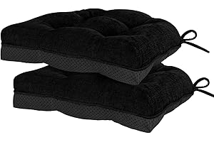 HARBOREST Chair Cushions for Dining Chairs Set of 2 - Chenille Tufted Kitchen Chair Cushions with Ties and Non-Slip Bottom, Memory Foam Chair Pads for Dining Chairs, 17" x 17", Black