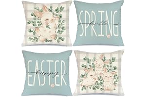 GEEORY Buffalo Plaid Happy Easter Bunny Pillow Covers 18 x 18 Inch Set of 4 Eucalyptus Leaves Rabbit Pillows Decorative Throw Pillows Blue Cushion Case Farmhouse Decor for Couch Sofa