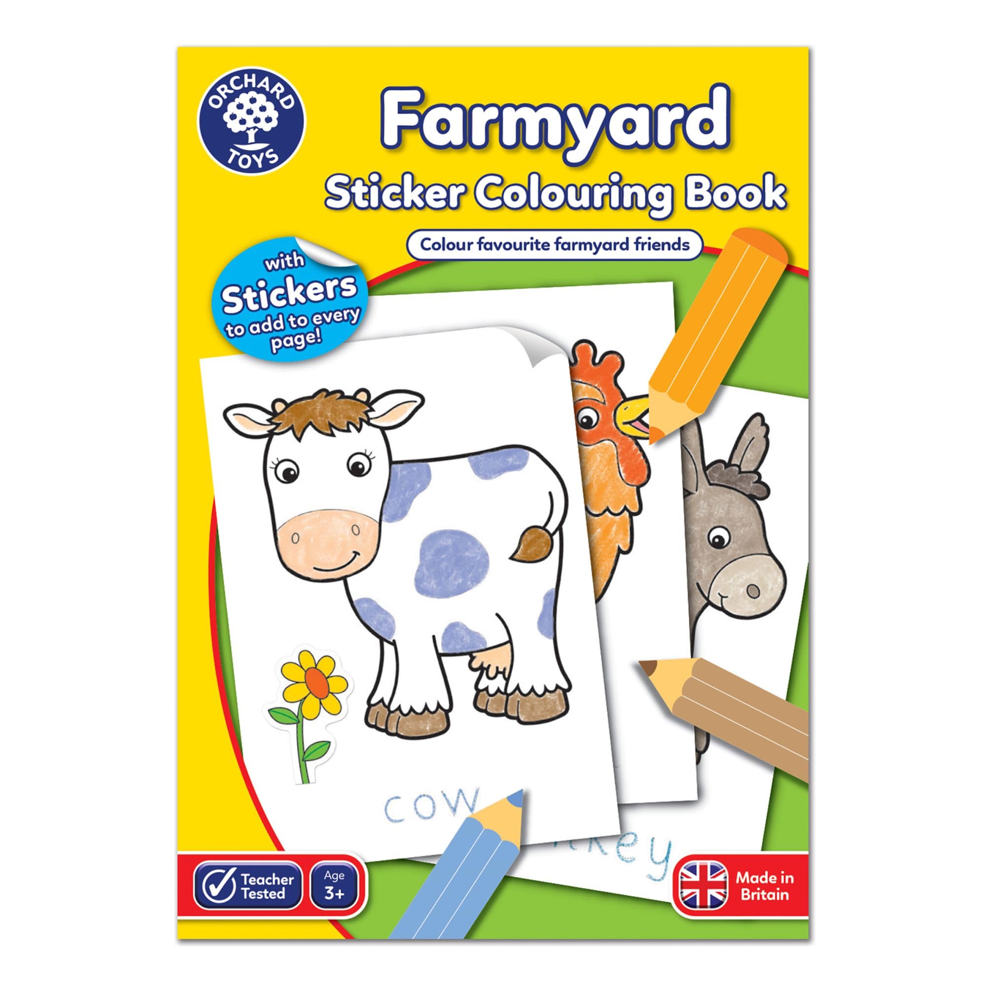 Orchard Toys Farmyard Sticker Colouring Book, Educational Colouring Book, Includes Stickers, Colour and Write Farmyard Animals, Age 3 Years +