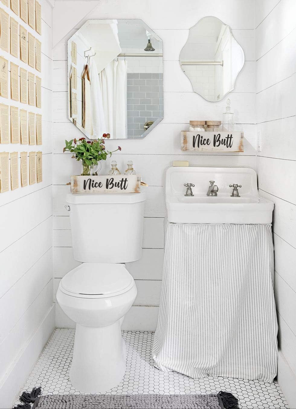 CABASAA Nice Butt Bathroom Decor Box, 2 Sided Funny Toilet Paper Holder, Farmhouse Rustic Wood Organizer, Funny Home Decor, Wooden Crate with Rope Handles (White): Home & Kitchen