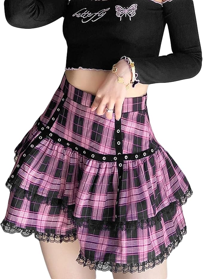 Women Y2k Skirts Gothic Punk Lace Patchwork Mini Skirt High Waist Plaid